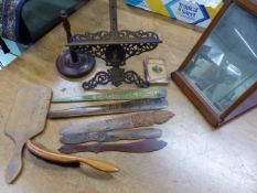 FOUR TREEN PAGE TURNERS, TWO MIRRORS, A MAUCHLINE COVERED BOOK AND A SORRENTO MARQUETRY OLIVE WOOD