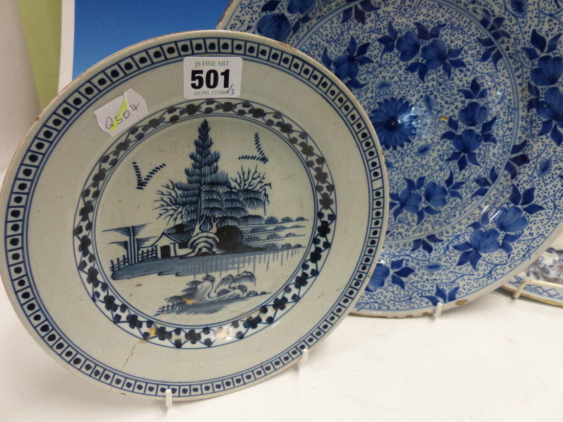 THREE DELFT BLUE AND WHITE PLATES, THE LARGEST. Dia. 34cms TOGETHER WITH A JAPANESE IMARI DISH. Dia. - Image 2 of 26