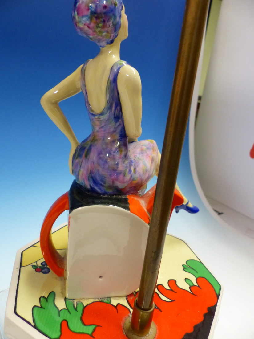 A KEVIN FRANCIS PEGGY DAVIES FIGURAL LAMP BASE, THE LADY WEARING A FLORAL FLAPPER DRESS SEATED ON - Image 2 of 3