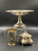 A SILVER HALLMARKED TAZZA DATED 1919 BIRMINGHAM FOR GORHAM MANUFACTURING Co. TOGETHER WITH A