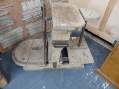 A VINTAGE RUSTIC PINE AND IRON MOUNTED PLATFORM SCALE. H.58cms.