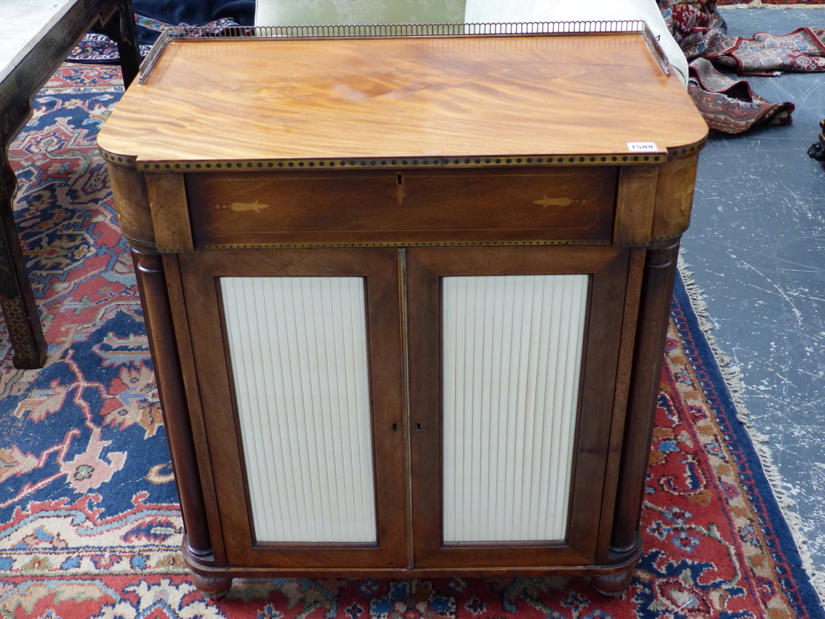 A PAIR OF 19th.C.AND LATER REGENCY STYLE MAHOGANY SIDE CABINETS WITH BRASS GALLERY TOP OVER FRIEZE - Image 8 of 16