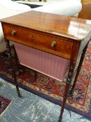 AN EARLY 19th..MAHOGANY AND ROSEWOOD BANDED SEWING TABLE WITH FRIEZE DRAWER AND WOOL BASKET BELOW,