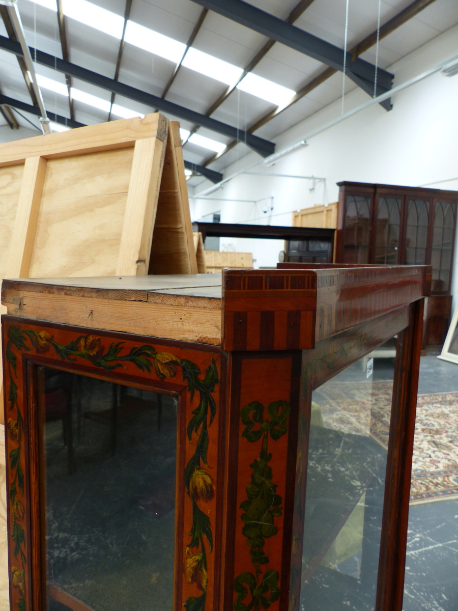 A 19th.C.FRENCH SATINWOOD TALL DISPLAY CABINET WITH HAND PAINTED FLORAL DECORATION. 73 x 34 x H. - Image 8 of 11