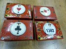 A SET OF FOUR GEORGIAN RED PAINTED WOOD GAMES COUNTER BOXES/ BRIDGE MARKERS, CONTAINING RED AND WHIT