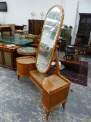 AN ANTIQUE BIEDERMEIER STYLE SATINWOOD DRESSING TABLE WITH LARGE CHEVAL TYPE MIRROR. W.144cms.