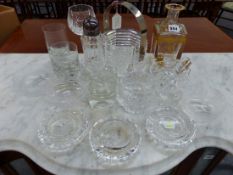 WATERFORD, ROSENTHAL, ST LOUIS AND OTHER CLEAR GLASS TO INCLUDE, A GILT CARAFE, AN ICE BUCKET AND