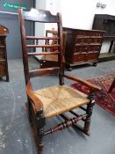 A 19th.C.LANCASHIRE RUSH SEAT ROCKING CHAIR.