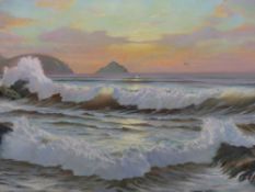 JOHN HEWITT CONTEMPORARY. ARR. WAVES ON A ROCKY SHORE AT SUNSET, OIL ON CANVAS, SIGNED LOWER LEFT. H