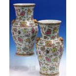 A PAIR OF CANTON BALUSTER VASES PAINTED WITH SCATTERED FLOWERS, FRUIT, BIRDS AND INSECTS, THE