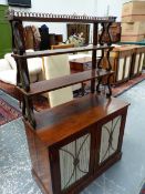 A REGENCY ROSEWOOD CHIFFONIER WITH BRASS GALLERY OVER TRIPLE LYRE SUPPORTED SHELVES ABOVE PLEATED