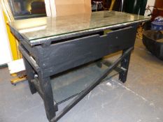A VINTAGE PINE WORKBENCH ADAPTED TO A TWO TIER SIDE OR CONSOLE TABLE WITH GLASS TOP AND UNDERTIER.