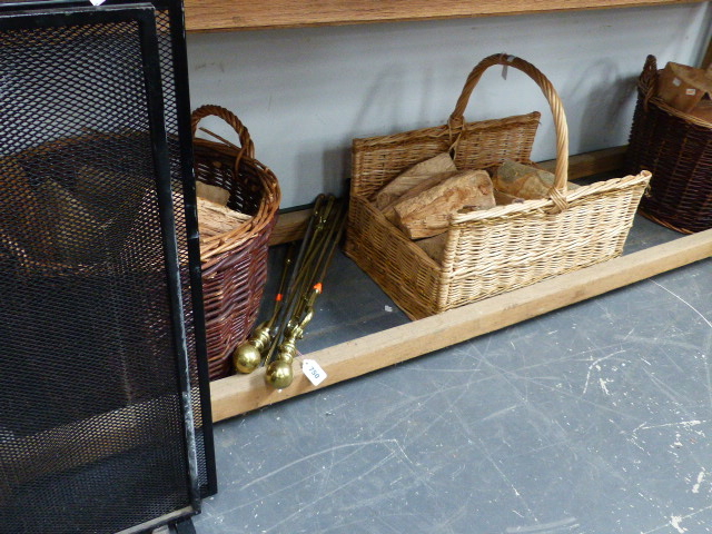 A PAIR OF MESH FIREGUARDS, THREE WICKER LOG BASKETS WITH LOGS, TWO BRASS COMPANION SETS,ETC. (QTY)