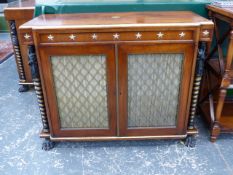 A PAIR OF BESPOKE REGENCY STYLE SIDE CABINETS WITH GRILLE DOORS FLANKED BY EGYPTIAN FIGURES ON