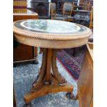 AN ANTIQUE AND LATER WALNUT AND MARBLE TOP TABLE ON TRIPLE CARVED DOLPHIN COLUMN PLATFORM BASE