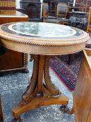 AN ANTIQUE AND LATER WALNUT AND MARBLE TOP TABLE ON TRIPLE CARVED DOLPHIN COLUMN PLATFORM BASE