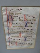 TWO EARLY ILLUMINATED MUSICAL MANUSCRIPT LEAVES, POSSIBLY DOMINICAN VELLUM. 35 x 24cms.