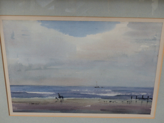 LESLIE WORTH. (1923-2009) ARR. THE SHORE, SIGNED WATERCOLOUR WITH GALLERY LABEL VERSO. 27 x 39cms.