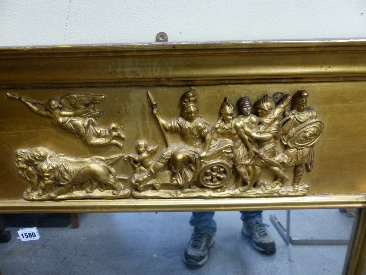A 19th.C. GILT OVERMANTLE WITH CLASSICAL CHARIOT FRIEZE OVER TRIPLE PLATE MIRROR, FLANKED BY CLUSTER - Image 3 of 9
