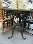 A CAST IRON BASED ZINC TOPPED TABLE WITH CAST IRON X-FORM TRESTLE BASE. 80 x 120 x H.85cms.