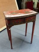 AN EDWARDIAN RED LACQUERED CHINOISERIE BOW FRONT WRITING TABLE, THE SWIVEL TOP OPENING ABOVE TWO