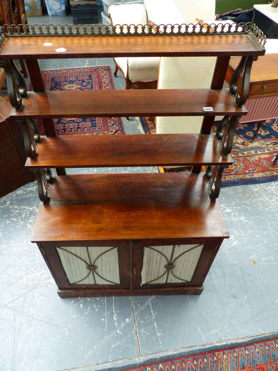 A REGENCY ROSEWOOD CHIFFONIER WITH BRASS GALLERY OVER TRIPLE LYRE SUPPORTED SHELVES ABOVE PLEATED - Image 8 of 12