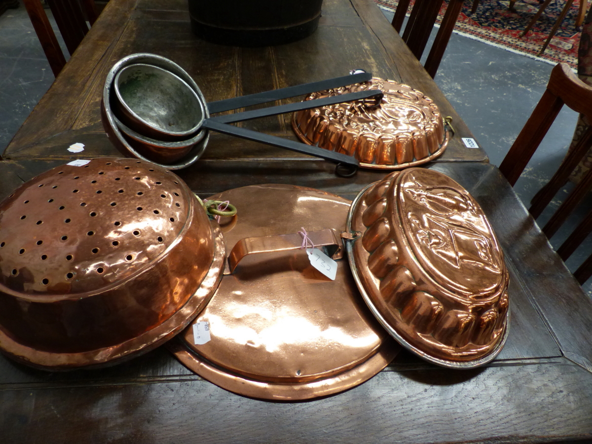 THREE COPPER AND WROUGHT IRON LADLES, A LARGE COPPER MOULD, A COPPER PAN LID AND A SIEVE. (6) - Image 3 of 3