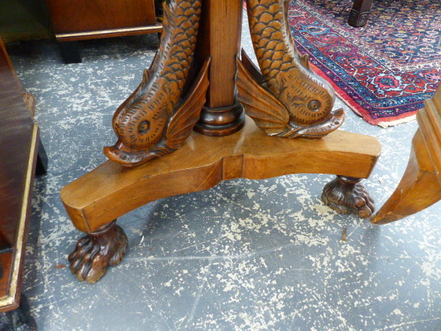 AN ANTIQUE AND LATER WALNUT AND MARBLE TOP TABLE ON TRIPLE CARVED DOLPHIN COLUMN PLATFORM BASE - Image 4 of 6