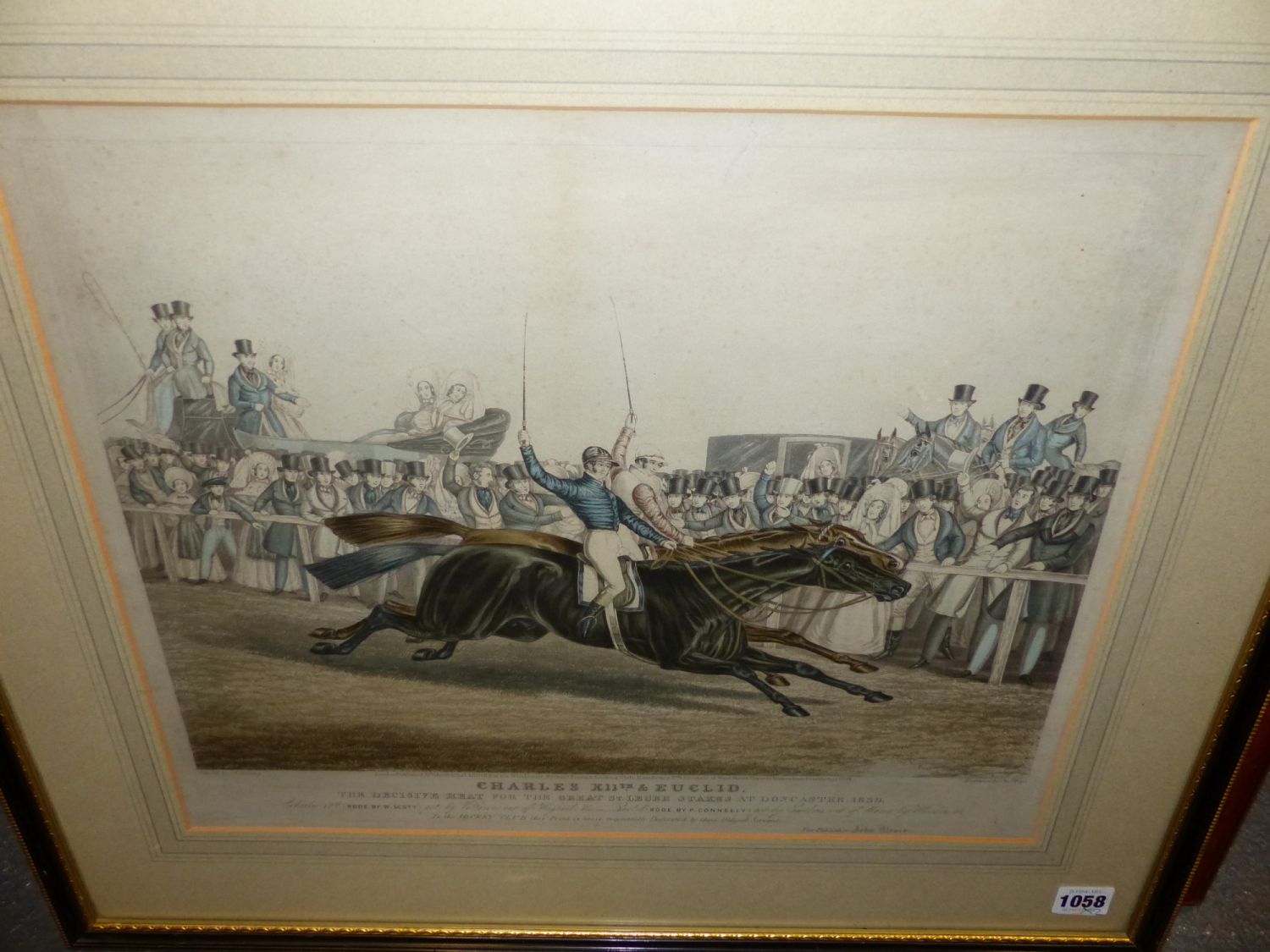 AN ANTIQUE HAND COLOURED PRINT AFTER J.F.HERRING. CHARLES XII AND EUCLID, GREAT ST, LEGER STAKES