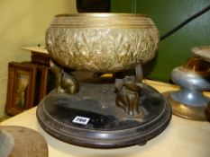 AN ANTIQUE EASTERN CAST BRASS BOWL ON ELEPHANT STAND TOGETHER WITH A GROUP OF OTHER EASTERN