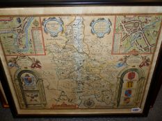 AN ANTIQUE HAND COLOURED MAP OF BUCKINGHAMSHIRE AFTER JOHN SPEED. 42 x 53cms.