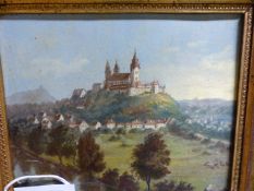 LATE 19th/EARLY 20th.C.AUSTRO-GERMAN SCHOOL. AN ABBEY CHURCH RAISED ABOVE A TOWN BY A RIVER, OIL