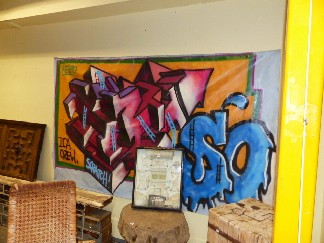 CONTEMPORARY SCHOOL. A GRAFFITI COMPOSITION, OIL ON UNSTRETCHED CANVAS. 157 x 258cms.