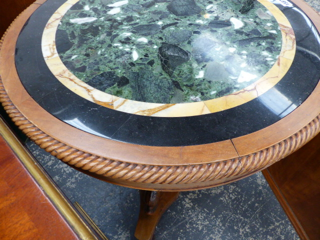 AN ANTIQUE AND LATER WALNUT AND MARBLE TOP TABLE ON TRIPLE CARVED DOLPHIN COLUMN PLATFORM BASE - Image 3 of 6