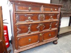 A 17th.C.AND LATER OAK CHEST OF TWO SHORT AND THREE LONG GRADUATED DRAWERS WITH GEOMETRIC MOULDED