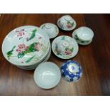 A CHINESE FAMILLE ROSE LOTUS PAINTED PART SERVICE TOGETHER WITH TWO BLUE AND WHITE BOWLS PAINTED