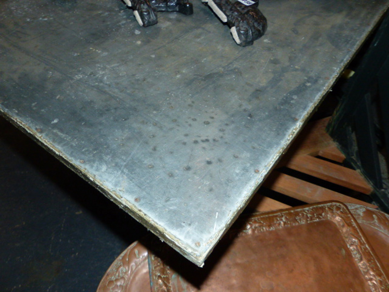 A SET OF THREE CAST IRON BASED TABLES WITH CAST IRON TRESTLE BASES AND ZINC WRAPPED TOPS. 69 x 210 x - Image 11 of 11