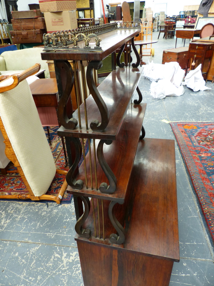 A REGENCY ROSEWOOD CHIFFONIER WITH BRASS GALLERY OVER TRIPLE LYRE SUPPORTED SHELVES ABOVE PLEATED - Image 4 of 12
