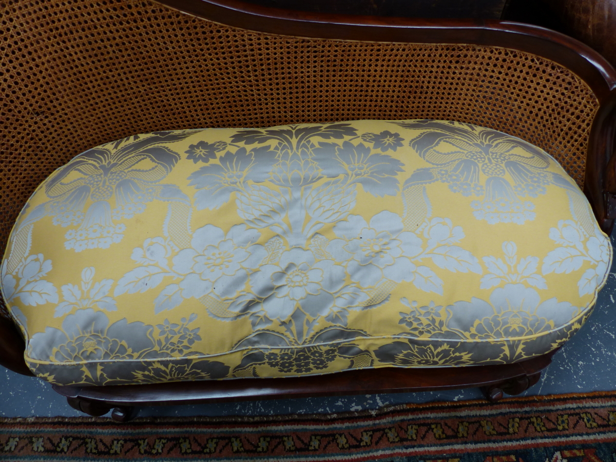 A GOOD QUALITY FRENCH STYLE HARDWOOD AND CANED SMALL CHAISE LONGUE WITH SWAN FORM ARMS AND FEATHER - Image 4 of 11