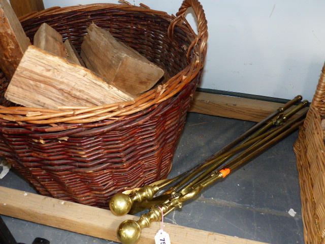 A PAIR OF MESH FIREGUARDS, THREE WICKER LOG BASKETS WITH LOGS, TWO BRASS COMPANION SETS,ETC. (QTY) - Image 3 of 5