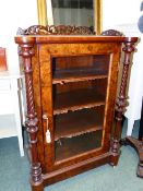 A VICTORIAN FIGURED WALNUT GLAZED DOOR MUSIC CABINET WITH PIERCED GALLERY TOP. 72 x 41 x H.105cms.