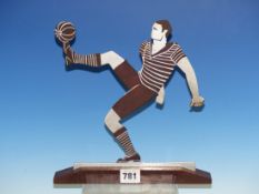 AN ART DECO METAL FIGURE OF A FOOTBALLER WEARING A BLACK STRIPED SHIRT AND SOCKS. SIGNED L. GERFAUR