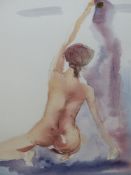CONTEMPORARY ENGLISH SCHOOL. A KNEELING NUDE SIGNED INDISTINCTLY WATERCOLOUR. 34.5 x 30cms