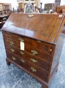 AN 18th.C.WALNUT INLAID AND CROSS BANDED BUREAU WITH STEPPED FITTED INTERIOR OVER FOUR GRADUATED