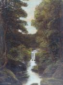 19th.C.ENGLISH SCHOOL attr. WILLIAM MELLOR (1851- 19??). A WOODLAND RIVER SCENE, OIL ON CANVAS.