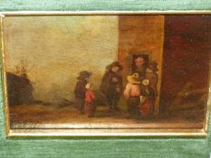 OLD MASTER FLEMISH SCHOOL. VILLAGE FIGURES, OIL ON PANEL. 12 x 17cms.