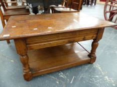 A BESPOKE HAND MADE BURR OAK COFFEE TABLE ON TURNED LEGS WITH UNDERTIER. 91 x 61 x H.48cms.