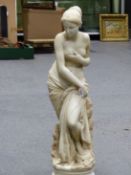 A 19th.C.MARBLE SCULPTURE OF A SEMI CLAD FEMALE BY ROCKY OUTCROP INSET TO BACK WITH BRONZE PANEL