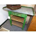 A RUSTIC PINE AND ZINC TOPPED SMALL POTTING BENCH. 83 x 48 x H.82cms.