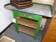 A RUSTIC PINE AND ZINC TOPPED SMALL POTTING BENCH. 83 x 48 x H.82cms.